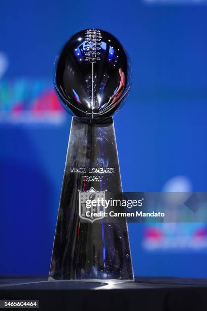 The Vince Lombardi Trophy is seen during a press conference at Phoenix Convention Center on February 13, 2023 in Phoenix, Arizona.