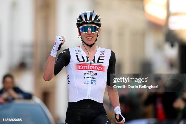 Tadej Pogacar of Slovenia and UAE Team Emirates celebrates at finish line as race winner during the 2nd Clasica Jaen Paraiso Interior 2023 a 178,9km...