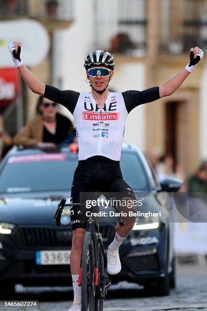 Tadej Pogacar of Slovenia and UAE Team Emirates celebrates at finish line as race winner during the 2nd Clasica Jaen Paraiso Interior 2023 a 178,9km...