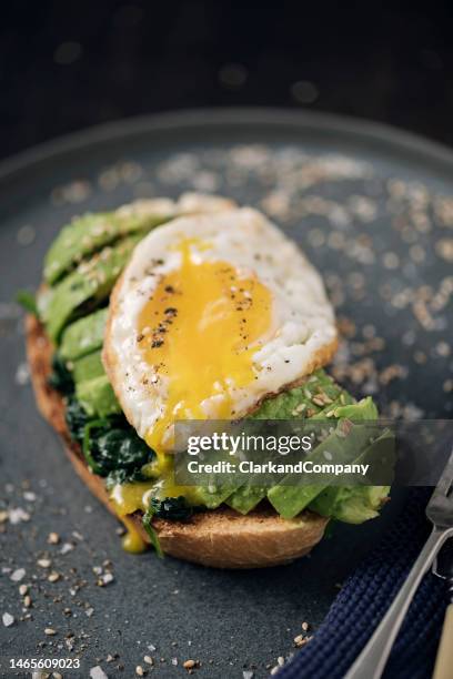 avocado toast with fried egg - avocado stock pictures, royalty-free photos & images