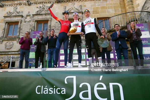 Ben Turner of The United Kingdom and Team INEOS Grenadiers on second place, race winner Tadej Pogacar of Slovenia and UAE Team Emirates and Tim...