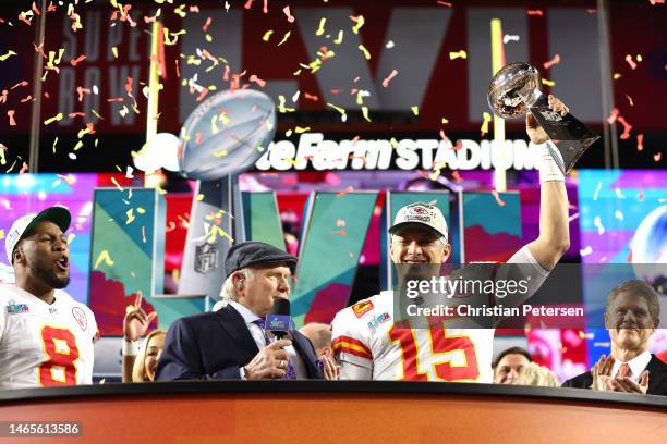 Patrick Mahomes of the Kansas City Chiefs celebrates with the the Vince Lombardi Trophy after defeating the Philadelphia Eagles 38-35 in Super Bowl...