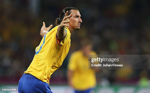 Zlatan Ibrahimovic of Sweden celebrates his goal during the UEFA EURO 2012 group D match between Sweden and France at The Olympic Stadium on June 19,...