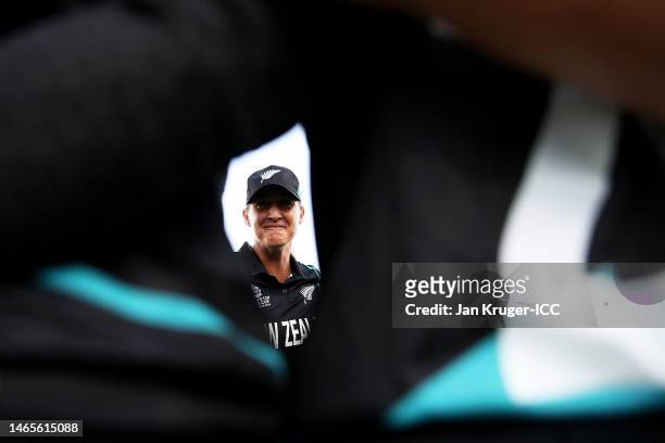 Sophie Devine of New Zealand looks on from the huddle during the ICC Women's T20 World Cup group A match between South Africa and New Zealand at...