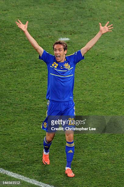 Marko Devic of Ukraine reacts after John Terry of England clears his effort at goal off the line during the UEFA EURO 2012 group D match between...