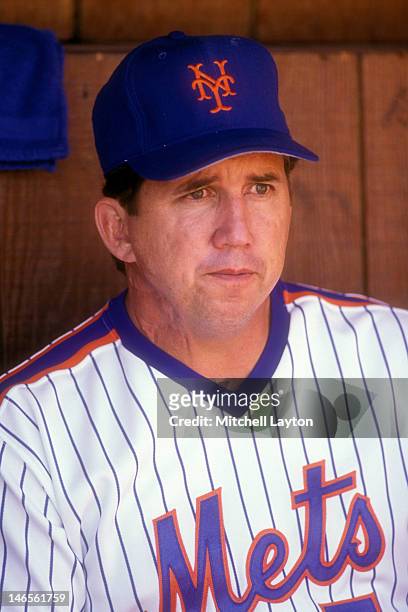 Manager Davey Johnson of the New York Mets looks on before a baseball game against the Cincinnati Reds on July 6, 1989 at Shea Stadium in the...