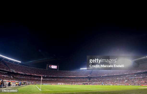 View of Estadio Más Monumental Antonio Vespucio Liberti during a match between River Plate and Argentinos Juniors as part of Liga Profesional 2023 at...