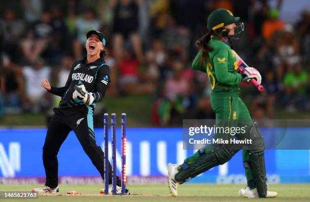 Bernadine Bezuidenhout of New Zealand celebrates the wicket of Sune Luus of South Africa during the ICC Women's T20 World Cup group A match between...