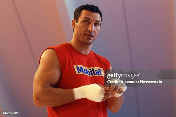 Wladimir Klitschko of Ukraine looks on during a training session at Hotel Stanglwirt on June 19, 2012 in Going, Austria. Wladimir Klitschko will...