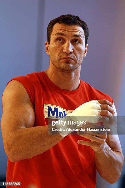 Wladimir Klitschko of Ukraine looks on during a training session at Hotel Stanglwirt on June 19, 2012 in Going, Austria. Wladimir Klitschko will...