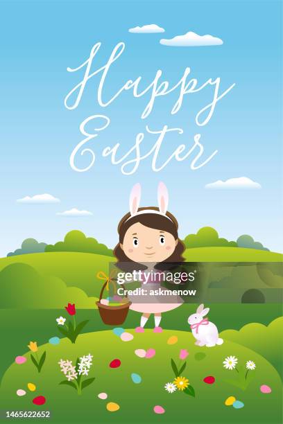 egg hunting - kid with easter basket stock illustrations