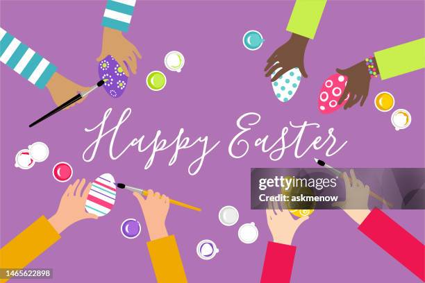 coloring easter eggs - easter table stock illustrations