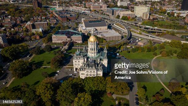 Aerial view of stunning Connecticut Capitol in downtown Hartford.