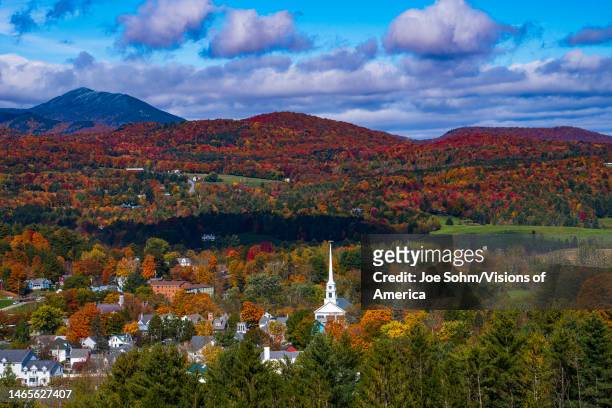 Elevated view of picture perfect Stowe Vermont in Autumn Color.
