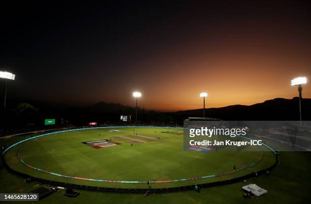General view of play during the ICC Women's T20 World Cup group A match between South Africa and New Zealand at Boland Park on February 13, 2023 in...