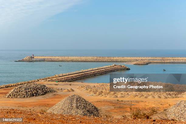 Breakwater barriers harbor at port of Sidi Ifni, Morocco, North Africa.