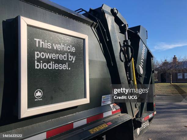 This Vehicle Powered by Biodiesel, Hybrid NYC Parks department garbage truck, Flushing Meadow Corona Park, Queens, New York.