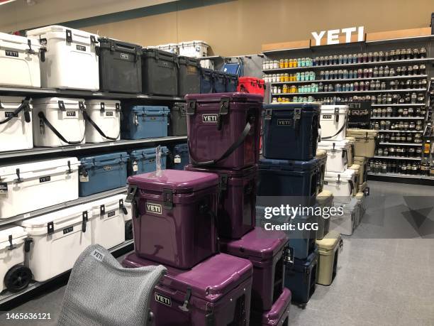 Yeti branded coolers and water bottles on display at Dicks Sporting Goods store, Queens, New York.