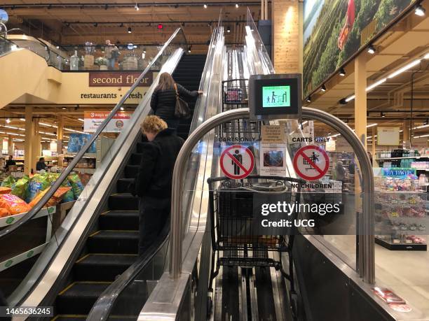 Customers riding escalator next to shopping cart escalators to second floor of Wegmans grocery store, Boston, Massachusetts.