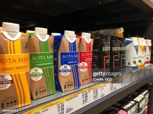 Bota Mini boxed wines on display at Wegmans grocery store, Boston, Massachusetts.