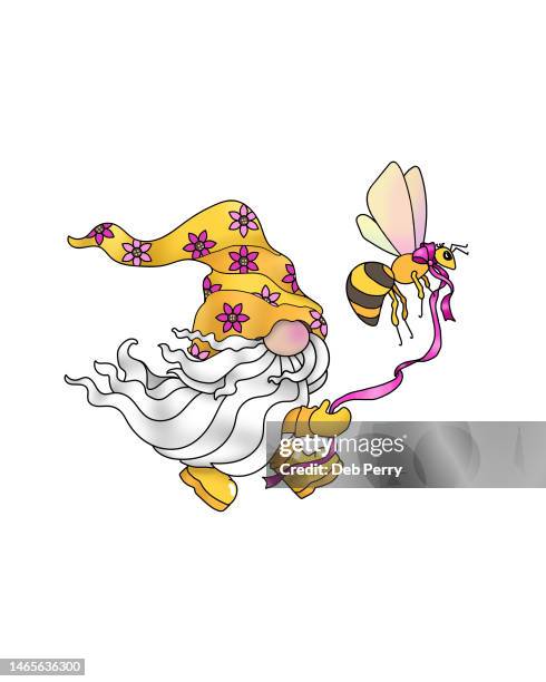 bearded gnome with leashed bee - bee stock illustrations stock pictures, royalty-free photos & images
