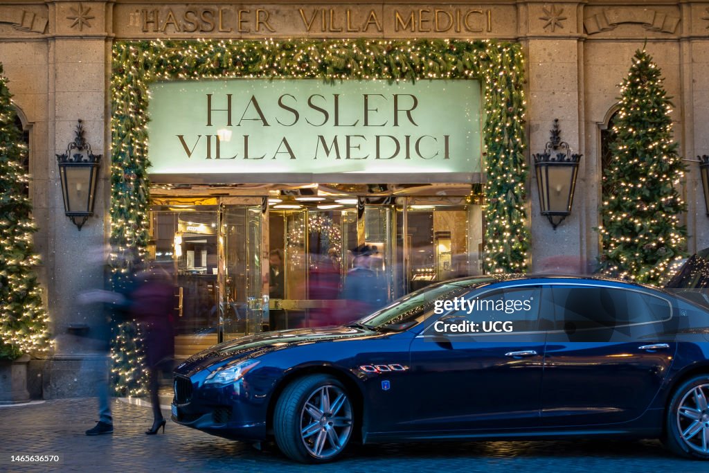 Hassler Villa Medici Hotel front door, at Christmas time. Luxury hotel exterior by night. Rome, Italy, Europe, EU
