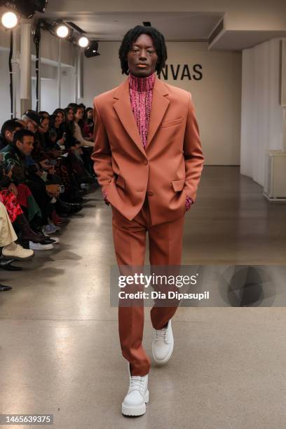 Model walks the runway for Aknvas during New York Fashion Week: The Shows at Mezzanine at Spring Studios on February 13, 2023 in New York City.