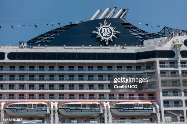 Musica cruise ship, against clear sky, docked at the port of Trieste on the Adriatic Sea. Friuli-Venezia Giulia, Italy, Europe, European Union, EU..