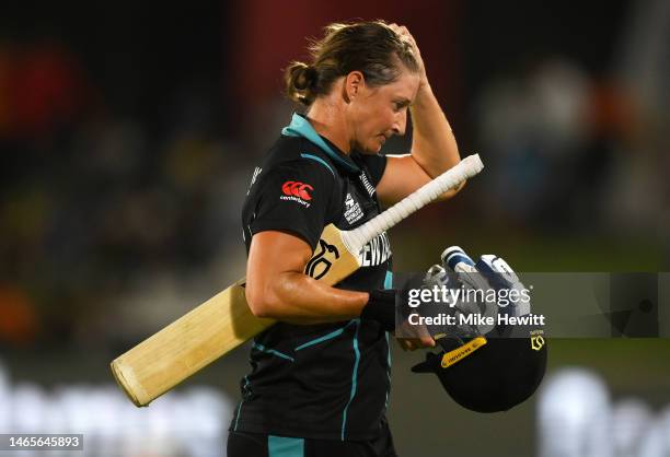 Sophie Devine of New Zealand makes their way off after being dismissed during the ICC Women's T20 World Cup group A match between South Africa and...