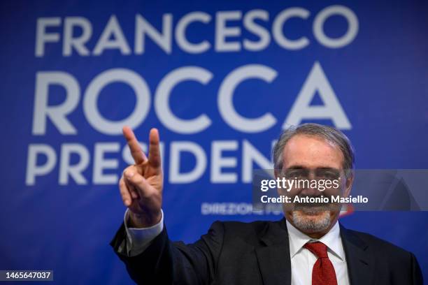 Former Red Cross President and centre-right candidate Francesco Rocca delivers his speech after winning the Lazio regional election, at the party...