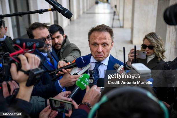 Italian Agriculture and Food Sovereignty Minister Francesco Lollobrigida talks to the media before a press conference of centre-right candidate...