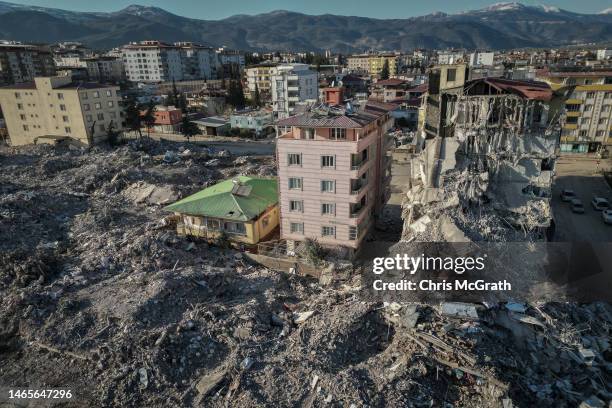 Destroyed building is seen in on February 13, 2023 in Nurdagi, Turkey. A 7.8-magnitude earthquake hit near Gaziantep, Turkey, in the early hours of...