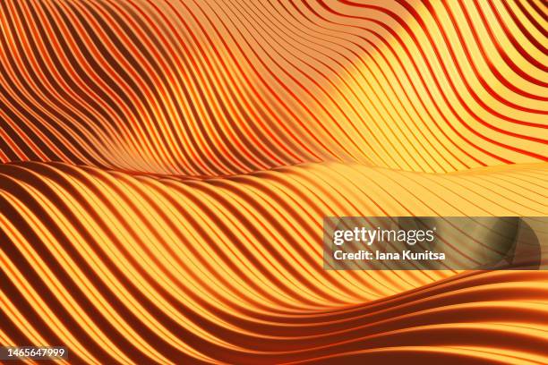 futuristic abstract striped gold yellow background. 3d pattern surrealism desert dunes. - liquid metal stock pictures, royalty-free photos & images