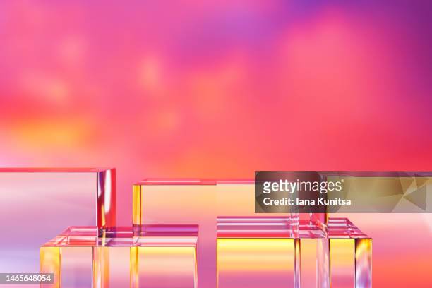 glass transparent platforms, podiums for displaying products on multicolored sky background. 3d pattern. place for text and design. - lectern stock-fotos und bilder