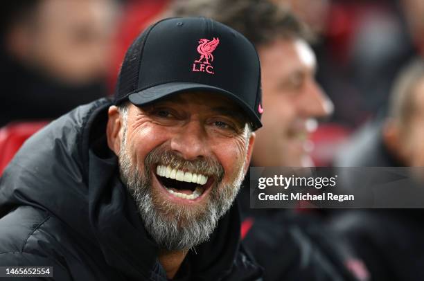 Juergen Klopp, Manager of Liverpool reacts prior to the Premier League match between Liverpool FC and Everton FC at Anfield on February 13, 2023 in...