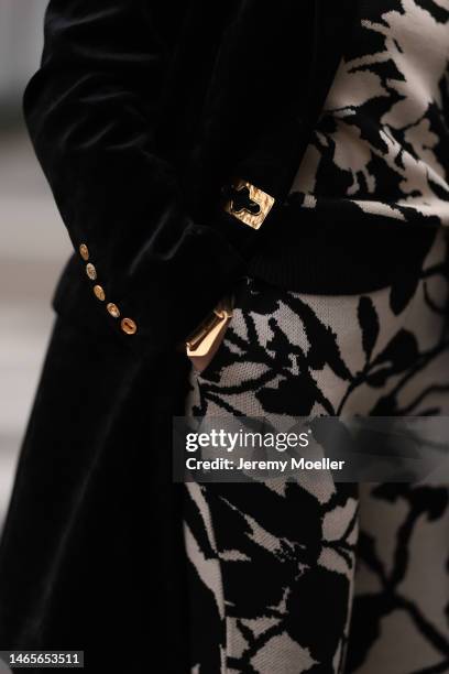 Lenia Perez wearing black / white patterned Vipop Set, gold VIPOP Necklace, gold Brazalete VIPOP, black velvet Schiaparelli jacket during the New...