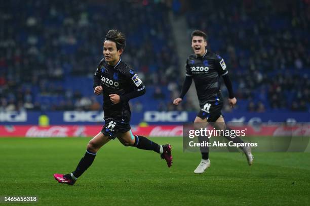 Takefusa Kubo of Real Sociedad celebrates after scoring the team's first goal during the LaLiga Santander match between RCD Espanyol and Real...