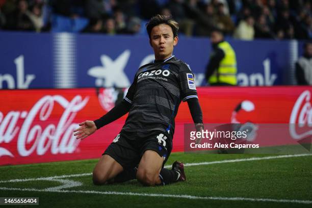 Takefusa Kubo of Real Sociedad celebrates after scoring the team's first goal during the LaLiga Santander match between RCD Espanyol and Real...