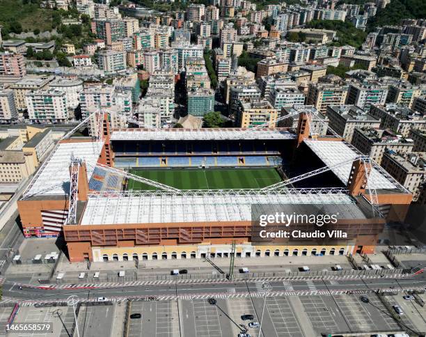 In an aerial view, the Stadio Luigi Ferraris stands on September 10, 2022 in Genoa, Italy. The stadium opened in 1911 and is the oldest stadium still...