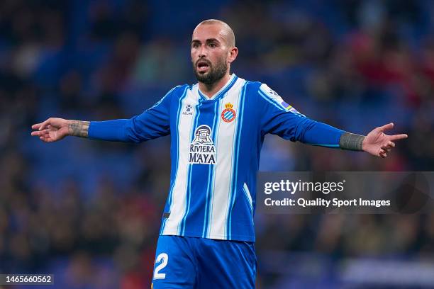 Aleix Vidal of RCD Espanyol reacts during the LaLiga Santander match between RCD Espanyol and Real Sociedad at RCDE Stadium on February 13, 2023 in...