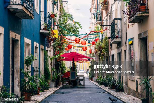 alley with green plants in santa catarina district, lisbon, portugal - portuguese culture fotografías e imágenes de stock