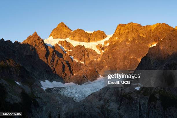 Lower Curtis Glacier and cirque with Mt. Shuksan in the background, North Cascades National Park, Washington.