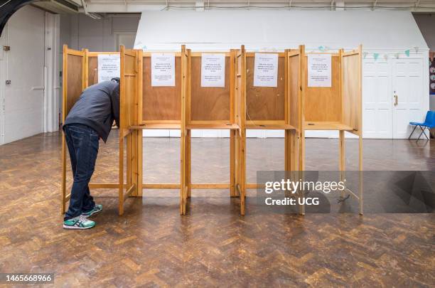 Voting booths at a polling station in Haringey, London, UK.