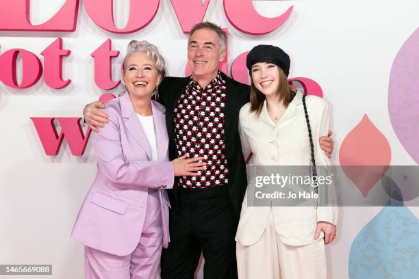 Emma Thompson, Greg Wise and Gaia Wise attend the "What's Love Got To Do With It?" UK Premiere at Odeon Luxe Leicester Square on February 13, 2023 in...