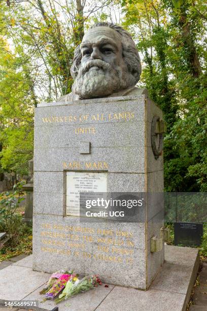Karl Marx grave and tombstone in Highgate Cemetery, London, England, UK.