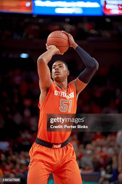 Syracuse Fab Melo in action, foul shot vs St. John's at Madison Square Garden. New York, NY 2/4/2012 CREDIT: Porter Binks