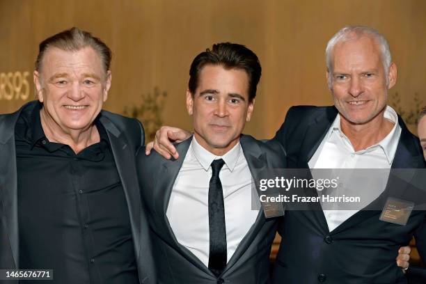 Brendan Gleeson, Colin Farrell, and Martin McDonagh attend the 95th Annual Oscars Nominees Luncheon at The Beverly Hilton on February 13, 2023 in...