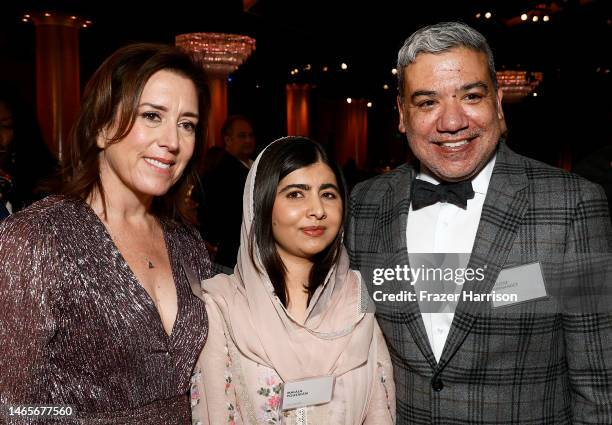 Diane Becker, Malala Yousafzai, and Eugene Hernandez attend the 95th Annual Oscars Nominees Luncheon at The Beverly Hilton on February 13, 2023 in...