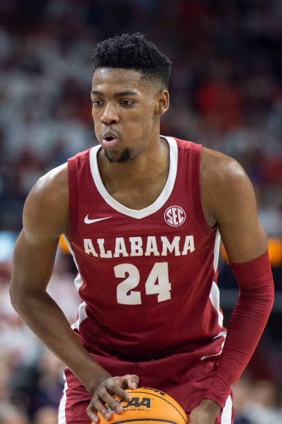Brandon Miller of the Alabama Crimson Tide during their game against the Auburn Tigers at Neville Arena on February 11, 2023 in Auburn, Alabama.