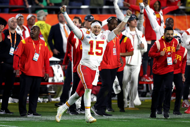 Patrick Mahomes of the Kansas City Chiefs celebrates after defeating the Philadelphia Eagles 38-35 to win Super Bowl LVII at State Farm Stadium on...